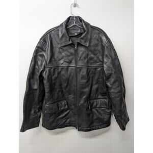 J CREW Mens Leather Jacket Full Zip Black Fleece Lined Coat Size Medium